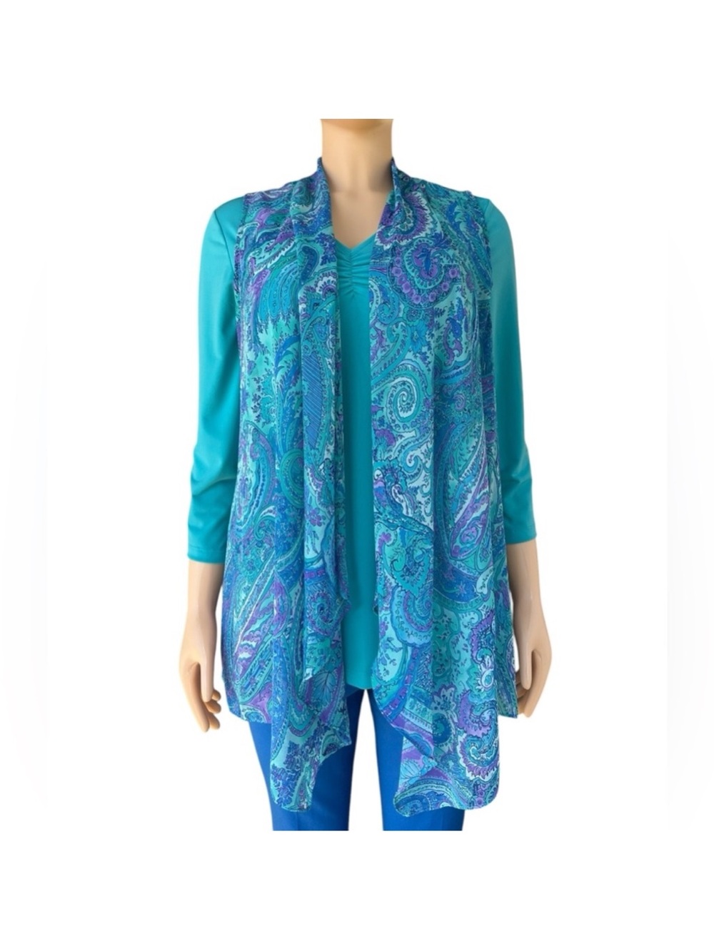 Susan Graver Teal Blue & Purple Paisley Women’s Quarter Sleeve Dress Blouse